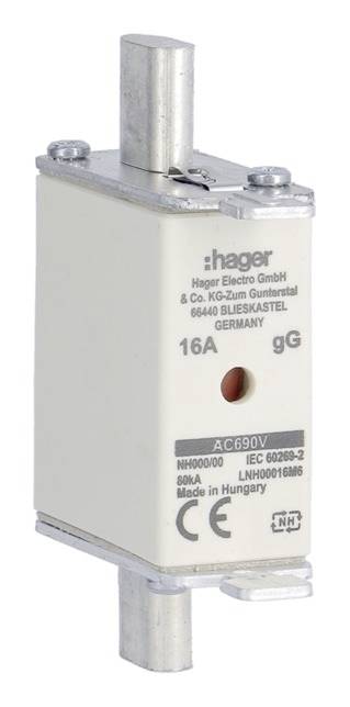 Wkładka bezpiecznikowa z napisem 'hager, 16A, 80kA'. Odpowiednia do zastosowań przemysłowych w celu zabezpieczenia przed nadmiernym prądem.