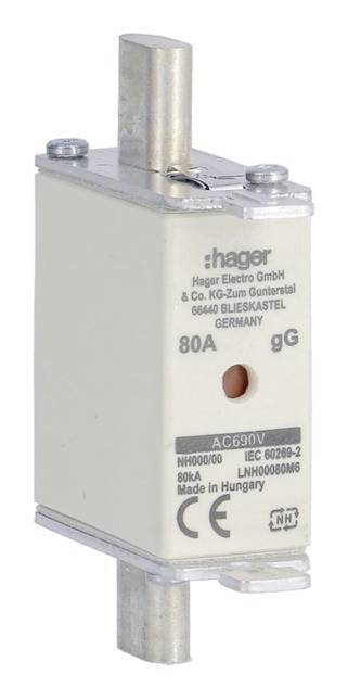 Wkładka bezpiecznikowa Hager z oznaczeniem '80A gG'. Wyprodukowano na Węgrzech.