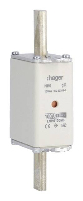 Cylindryczny wkładek bezpiecznikowy NH firmy Hager o znamionowym natężeniu prądu 100A i znamionowym napięciu 690V.