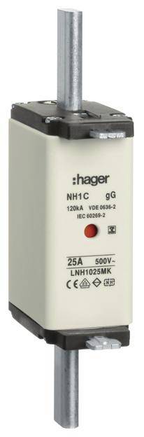 Wkładka bezpiecznikowa NH firmy Hager, model NH1C, 25A, 500V, 120kA; do obwodów elektrycznych, prostokątny kształt z metalowymi stykami.