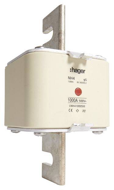Wkładka bezpiecznikowa NH4 firmy Hager, 1000A, 500V, zgodna z IEC 60269-2, typ LNH41000SM. Biała obudowa z metalowymi stykami.