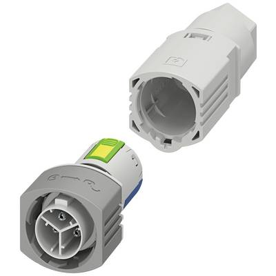 Dwa szare, cylindryczne złącza elektryczne. Jeden pokazuje gniazdo, drugi wtyczkę. Są przeznaczone do połączeń elektrycznych.