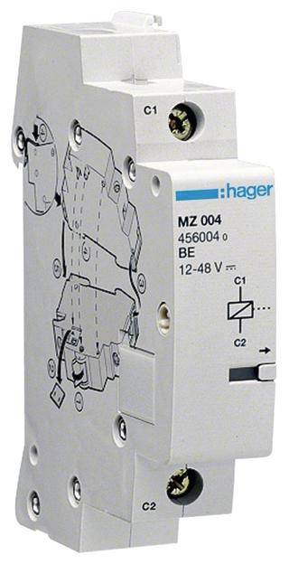Przekaźnik Schütz MZ 004 firmy Hager, model 456004, przeznaczony do napięcia 12-48 V, z schematycznym rysunkiem obwodu elektrycznego na przedniej stronie.