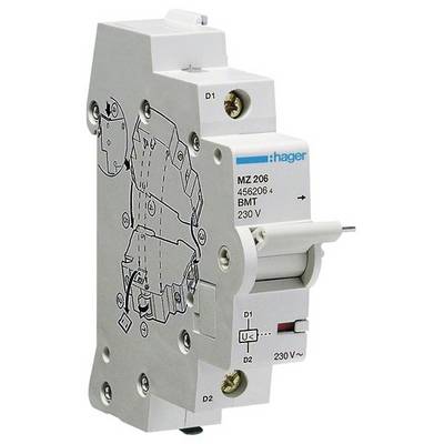 Dwubiegunowy, biały wyłącznik elektryczny marki Hager, model MZ 206, z opisami i grafikami, nadający się do instalacji.