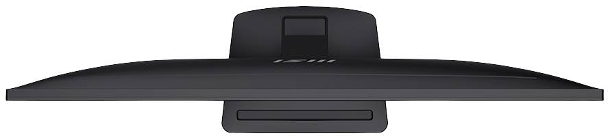 Czarny monitor widziany od tyłu z solidną podstawą, tylna część bez widocznych kabli lub złączy.