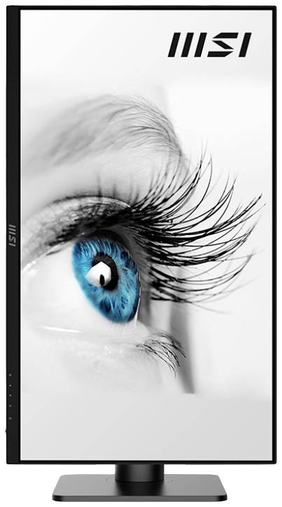 Zbliżenie niebieskiego oka z długimi rzęsami na ekranie z logo MSI w prawym górnym rogu.