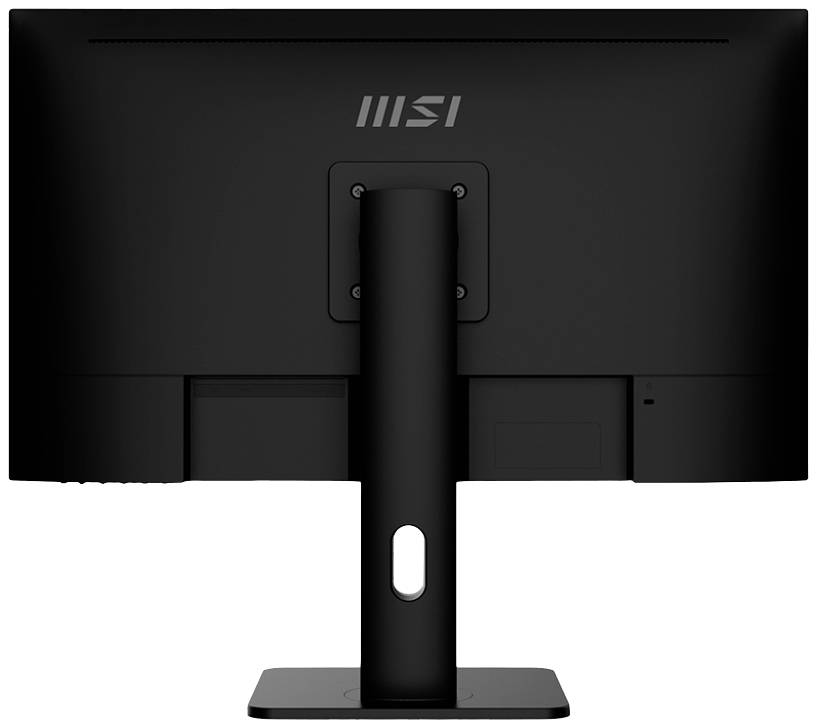 Czarny ekran komputerowy widziany od tyłu, z solidną podstawą i logo producenta umieszczonym centralnie u góry.