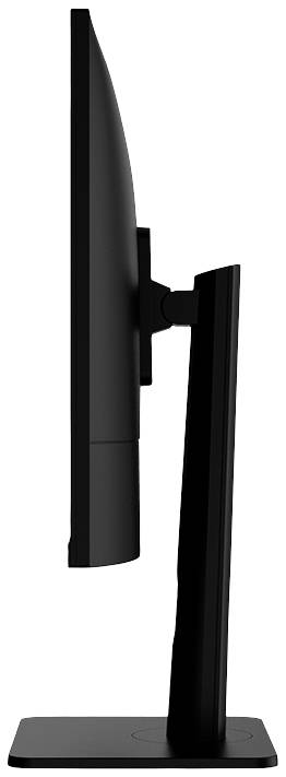 Smukły ekran komputerowy widziany z boku, zamontowany na prostokątnej podstawie. Ekran jest czarny.