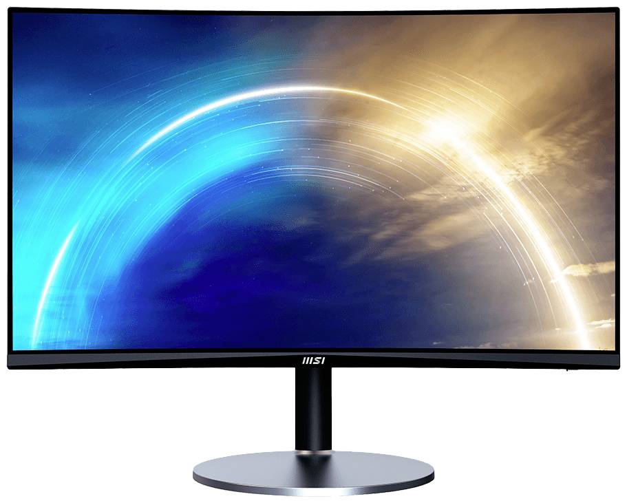 Zakrzywiony monitor komputerowy z kolorowym obrazem, na którym tony niebieskiego i złotego płynnie się przenikają.