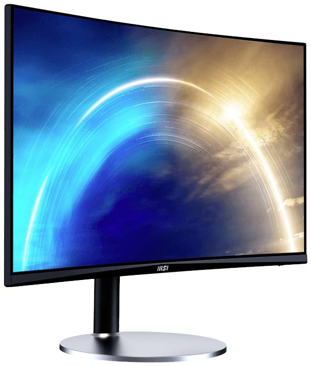 Zakrzywiony ekran komputera wyświetla obraz z przejściem od niebieskiego do pomarańczowego światła, które wygląda jak świecący łuk.