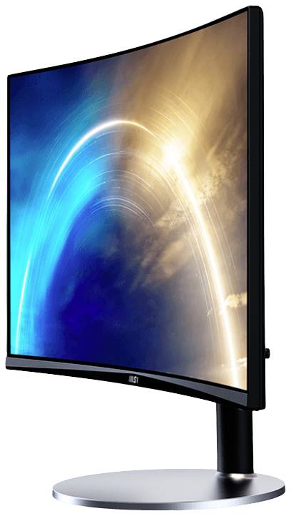 Zakrzywiony ekran komputera wyświetla kolorowy, jasny wzór w odcieniach niebieskiego i pomarańczowego. Ekran spoczywa na okrągłej, srebrnej podstawce.