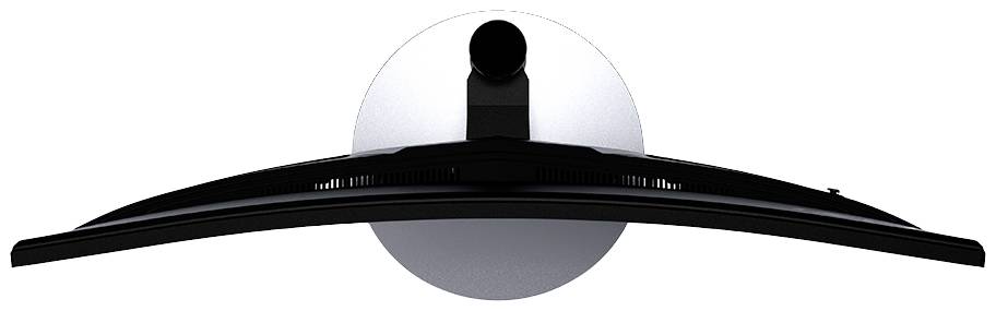 Widok zakrzywionego czarnego monitora z góry, ukazujący jego wyprofilowaną formę i centralne mocowanie, bez widocznych szczegółów.