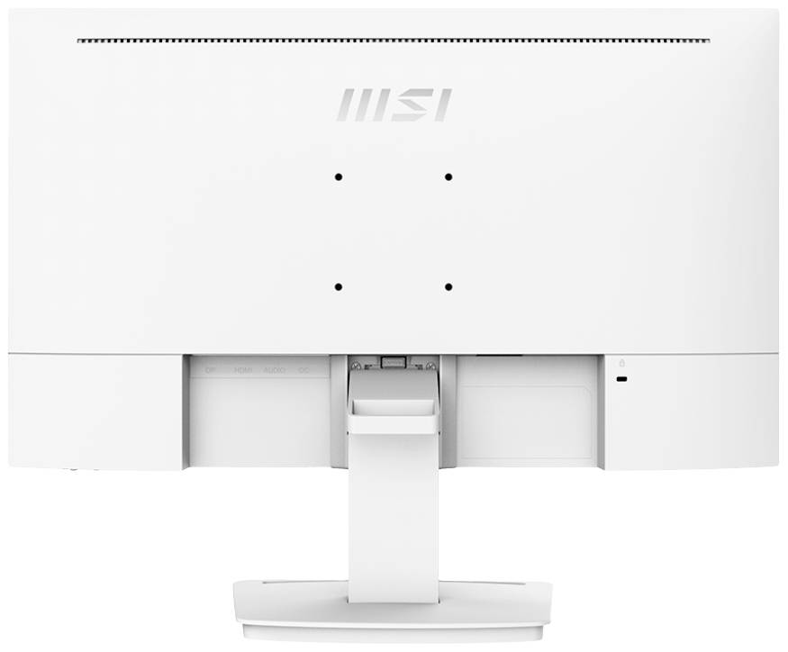 Widok z tyłu białego monitora komputerowego ze stopką, pokazujący punkty montażowe oraz logo producenta.