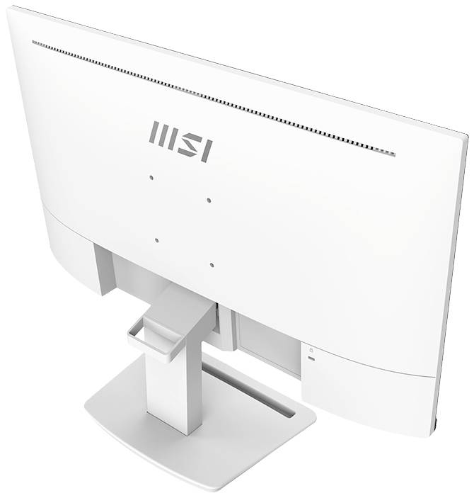 Widok z tyłu białego monitora MSI zamontowanego na podstawce. Widoczne są gniazda wyświetlacza i montażowe.