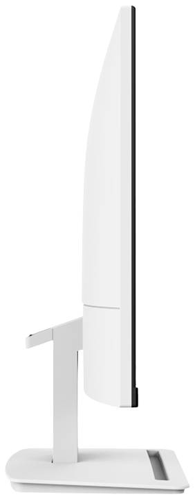 Widok z boku białego monitora komputerowego na nowoczesnej podstawce, o smukłej i minimalistycznej stylistyce.