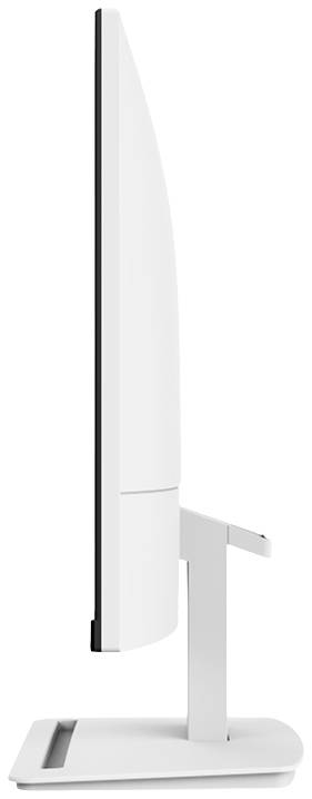 Wąski, biały monitor widziany z profilu prezentuje swoją niewielką grubość i smukłą sylwetkę. Podstawa jest prostokątna i stabilna.