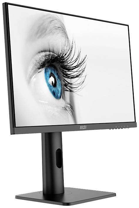 Monitor z obrazem niebieskiego oka na ekranie. Monitor posiada czarną ramkę i stabilną podstawę.