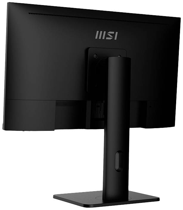 Tylna strona czarnego monitora komputerowego na stojaku, bez widocznych kabli lub złączy, na białym tle.