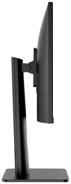 Płaski, czarny monitor komputerowy widziany z boku, z smukłą, regulowaną na wysokość podstawą.