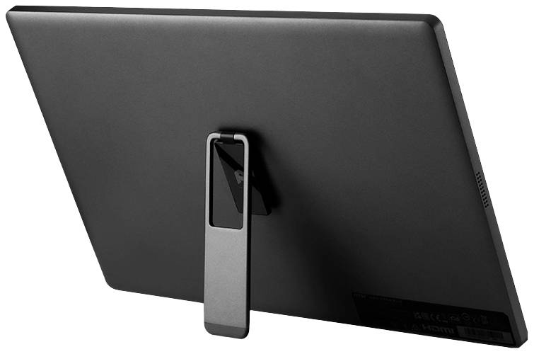 Czarny komputer tablicowy stoi na stole, podparty zintegrowaną podstawką z tyłu urządzenia.