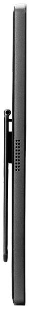 Widok z profilu czarnego tabletu z rysikiem umieszczonym z boku. Widoczne są ważne szczegóły, takie jak głośnik.