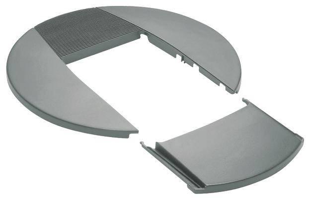 Szary, okrągły deska sedesowa w trzech częściach, rozłożona.