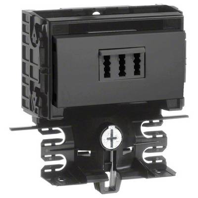 Czarny element elektryczny z przyłączami wtyczkowymi i mocowaniem metalowym, prawdopodobnie przeznaczony do montażu na szynie DIN w rozdzielniach elektrycznych.