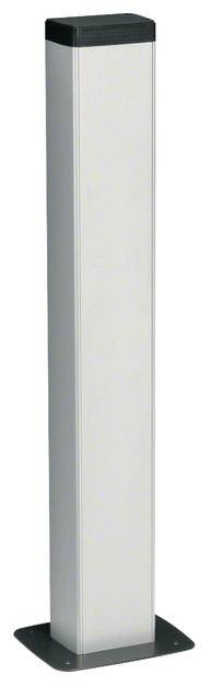 Srebrny, kwadratowy słup metalowy z czarną pokrywą i podstawą.