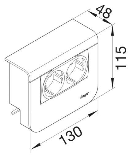 Szkic puszki podtynkowej sufitowej z dwoma otworami na gniazda elektryczne. Wymiary: 130 mm szerokości, 48 mm głębokości, 115 mm wysokości.