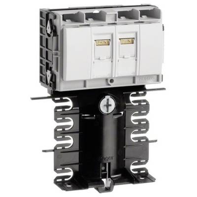 Podwójny element przełącznikowy z czarną listwą montażową i centralną śrubą mocującą, odpowiedni do instalacji elektrycznych.