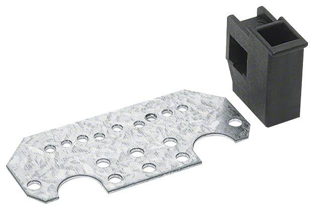 Metalowa płyta z wieloma otworami oraz prostokątny kawałek tworzywa sztucznego. Oba leżą obok siebie na powierzchni.