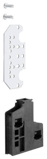 Zestaw części zamiennych składający się z metalowej płytki, dwóch śrub i czarnej obudowy z tworzywa sztucznego. Odpowiedni do montażu lub naprawy.