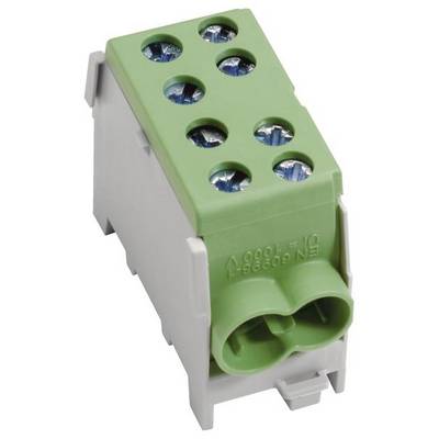 Zielony elektryczny blok zaciskowy z sześcioma złączami śrubowymi w białej obudowie.