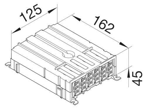 Rysunek prostokątnego złącza o wymiarach 125 x 162 x 45 mm. Prostokątny kształt z dokładnie wykonanymi gniazdami z przodu.