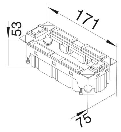 Rysunek techniczny prostokątnego elementu z widokiem z góry, o następujących wymiarach: 171 długość, 53 wysokość, 75 szerokość.