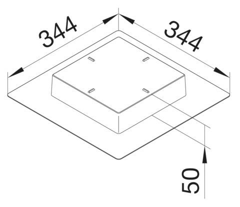 Rysunek techniczny obiektu kwadratowego o długości boków 344 mm i wysokości 50 mm.