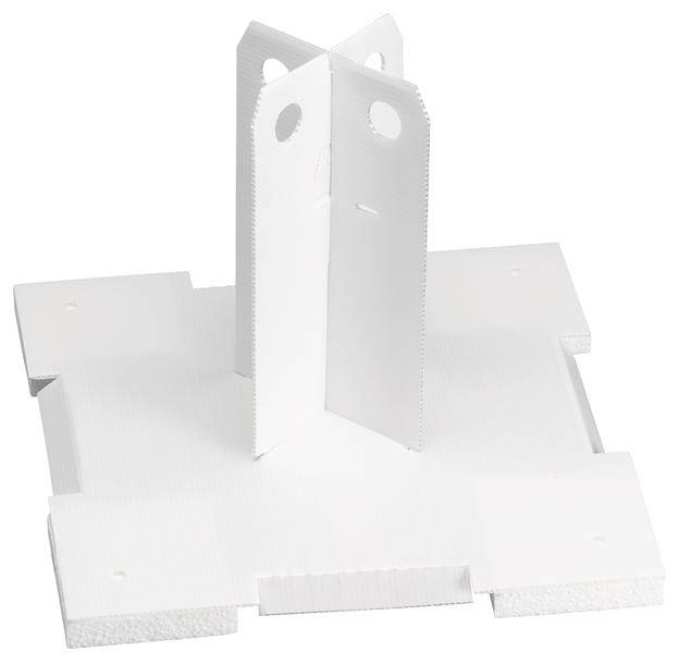 Biała papierowa podstawka składająca się z czterech pionowych elementów, które zbiegają się w środku i tworzą stabilną bazę.