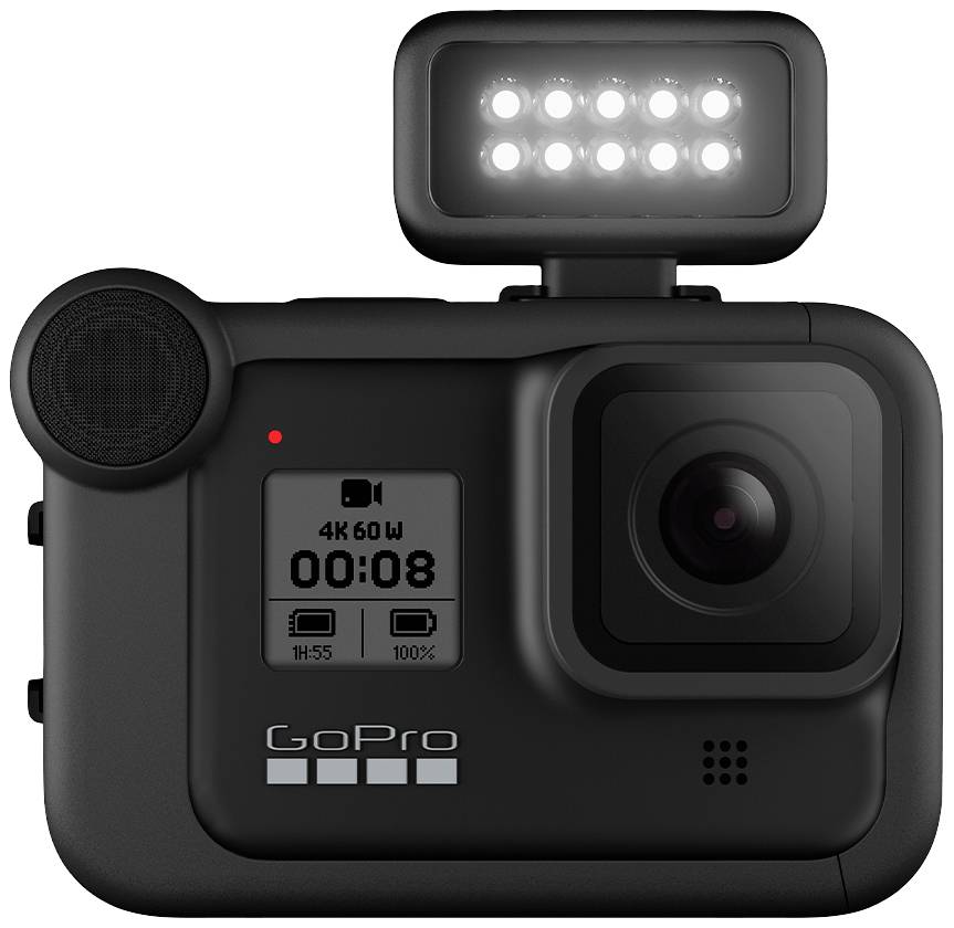 Kamera GoPro z zamontowanym światłem LED na górnej części, wyświetlacz pokazuje '4K 60 W', '08', symbole stanu baterii i pamięci.