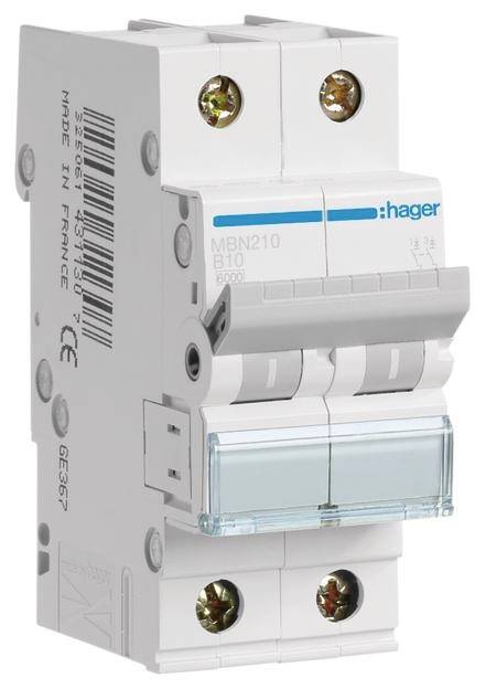 Dwubiegunowy wyłącznik nadprądowy marki Hager, model MBN210, z zabezpieczeniem 10-amperowym B, przeznaczony do instalacji elektrycznych.