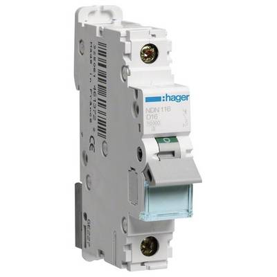 Biały automat zabezpieczający Hager o numerze modelu NDN116 D16. Posiada niebieski przełącznik dla obwodu elektrycznego.