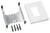 Zestaw montażowy do instalacji elektrycznych z płytą metalową, trzema uchwytami z tworzywa sztucznego i białą ramką maskującą.