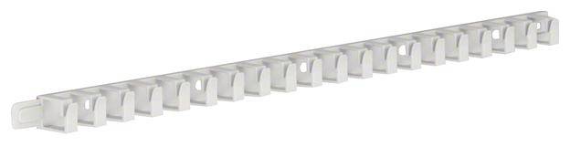 Kanał kablowy w jasnym kolorze z wieloma, równomiernie rozmieszczonymi wycięciami do zarządzania i organizacji przewodów.