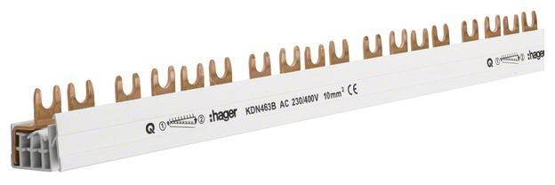 Jednostronna szyna prądowa firmy Hager do łączenia kilku wyłączników nadmiarowo-prądowych.