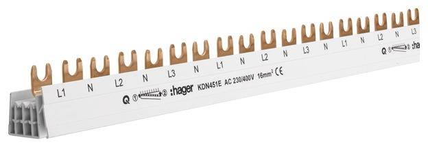 Na ilustracji przedstawiono biały elektryczny łącznik szyn zbiorczych z naprzemiennymi miedzianymi stykami dla faz (L1, L2, L3) i przewodu neutralnego (N).