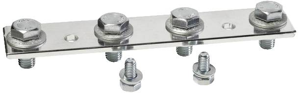 Metalowa szyna łączeniowa z czterema śrubami, każda zabezpieczona nakrętkami. Trzy dodatkowe śruby i nakrętki poniżej.