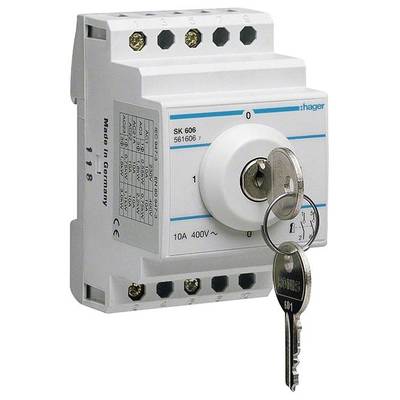 Elektryczny przełącznik kluczowy firmy Hager, model SK 606, z kluczem w cylindrze. Oznaczenie: 'Made in Germany', 10A 400V.