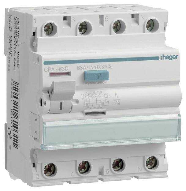 Czterobolcowy wyłącznik różnicowoprądowy marki Hager o numerze modelu CPA463D. Wyłącznik posiada znamionowy prąd znamionowy 63 A.