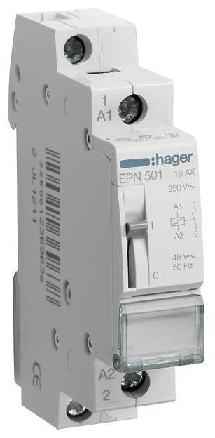 Biały wyłącznik nadprądowy Hager EPN 501, 16 A, 250 V, z dźwignią, jest stosowany w obwodach elektrycznych.