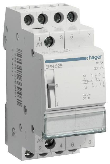 Dwubiegunowy, biały łącznik instalacyjny marki Hager, model EPN 528. Odpowiedni dla 16 AX, 250 V~ z napięciem cewki 24 V~ i 50 Hz.
