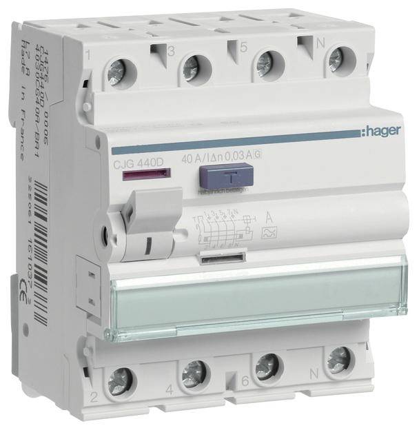 Biały, czterobiegunowy wyłącznik różnicowoprądowy firmy Hager z przełącznikiem i specyfikacjami: 40 A / 0,03 A, model CJG440D.
